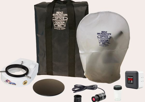 microscope case, cover, camera imager, ring light, objective storage, stage plate