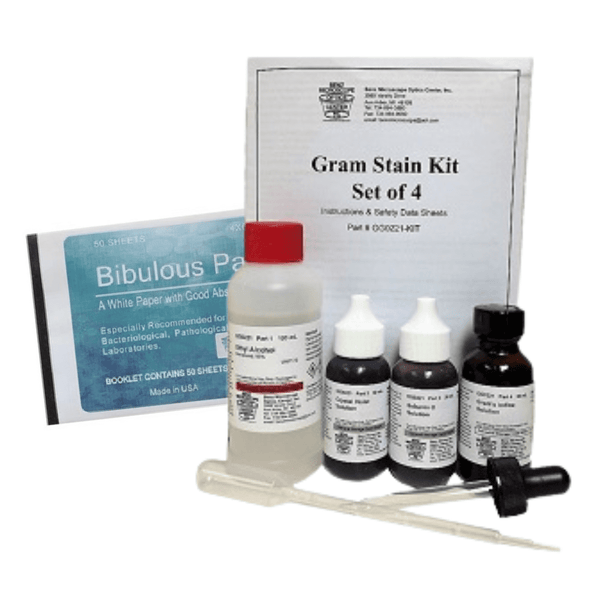 Benz Microscope Gram Stain Kit, Set of 4, Bibulous Paper Laboratory_Stains and Chemicals Made in USA SKU BZ0221KIT