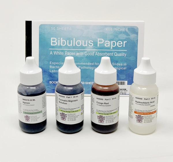 Benz Microscope Negative Stain Kit with 4 Solutions, Bibulous Paper Laboratory_Stains and Chemicals Made in USA SKU BZ0055