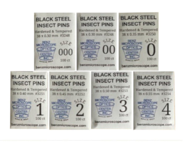 Benz Microscope Premium Black Enameled Insect Pins, 100pk, 7 sizes, Instructional_Entomology, Laboratory Supplies SKU 3248