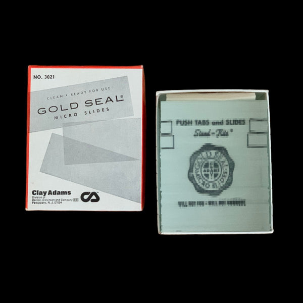 Gold Seal Micro Slides, 50mm x 75mm / 2in x 3in, Box of 72. Large Format Plain Slides, Clear, 3021 Open box, top view.