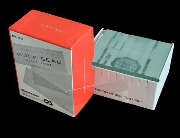 Gold Seal Micro Slides, 50mm x 75mm / 2in x 3in, Box of 72. Large Format Plain Slides, Clear, 3021 Open box, red and white