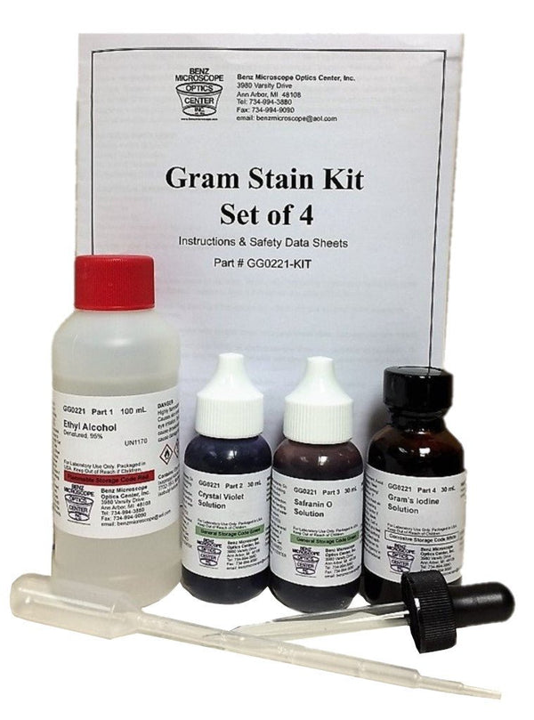 Benz Microscope Gram Stain Kit, Set of 4, Bibulous Paper Laboratory_Stains and Chemicals Made in USA Chemicals SKU BZ0221KIT