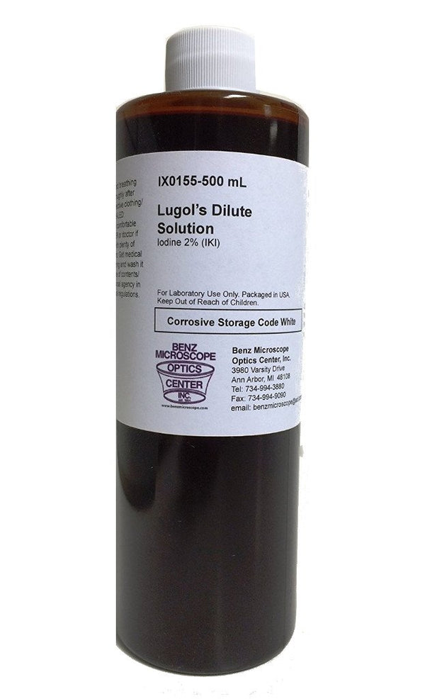 Lugol's Dilute Iodine 2% Solution, Potassium Iodide, Slide Stain - Benz Microscope Optics Center - BZ0155 - 500 mL bottle