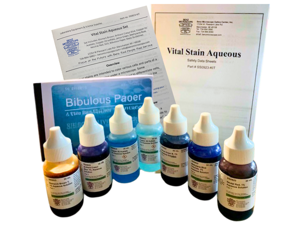 Benz microscope Vital Stains Aqueous Set , 7 Common Lab Stains & Bibulous Paper