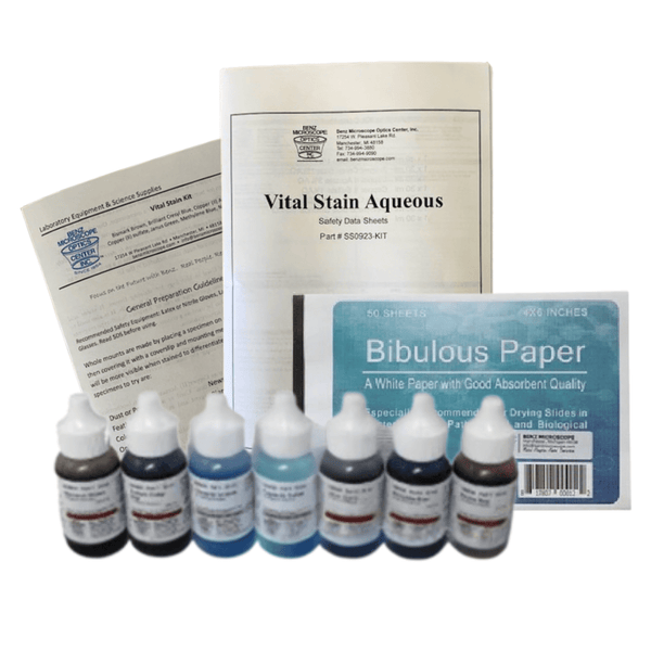 Benz microscope Vital Stains Kit, 7 Common Lab Stains & Bibulous PaperStains and ChemicalsLaboratory_Stains and ChemicalsMade in USABZ0920