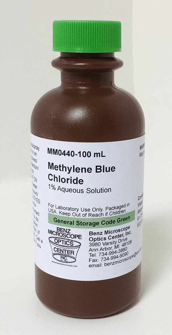 Methylene Blue Slide Stain, 1% Aqueous Solution, 30ml or 100ml (#BZ0920-6) - Benz Microscope Optics Center