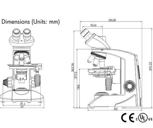 Dimension specifications for the Labomed CxL Binocular Microscope. 